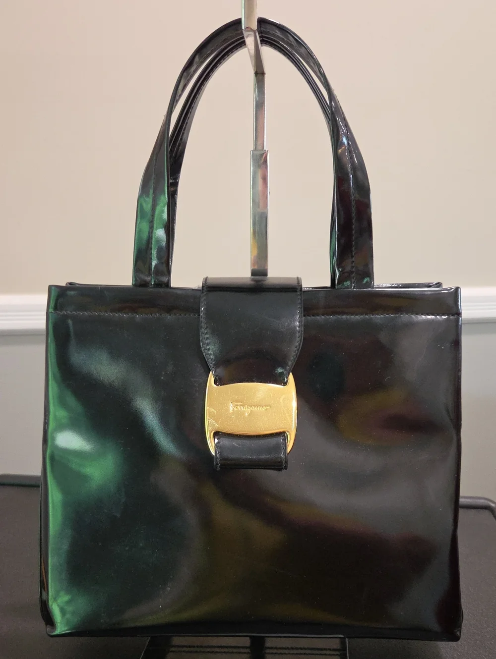 Salvatore Ferragamo Black Patent Vara Ribbon Style Satchel with Gold-Tone Buckle
